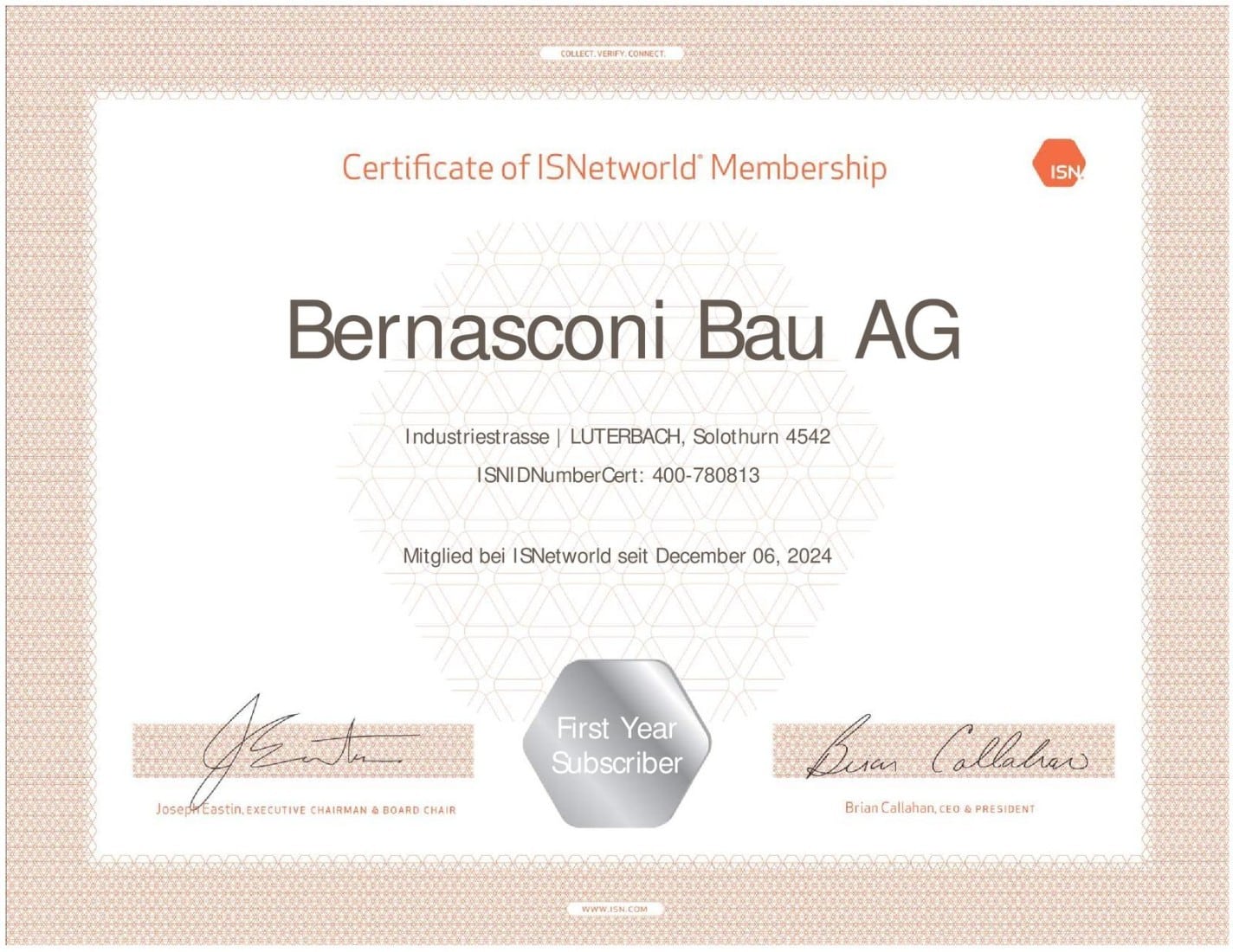 Zertifikat der Mitgliedschaft für Bernasconi Bau AG bei ISNetworld, gültig bis 6. Dezember 2024.
