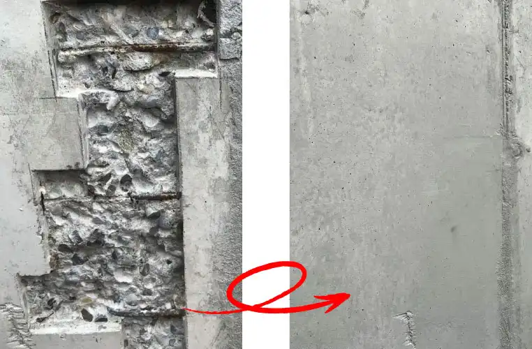 bernasconi_bau-referenzen-betonArt-1 Betonwand-Vergleich: linke Seite mit freigelegtem Geröll, rechte Seite glatt und intakt, roter Pfeil zeigt rechts.