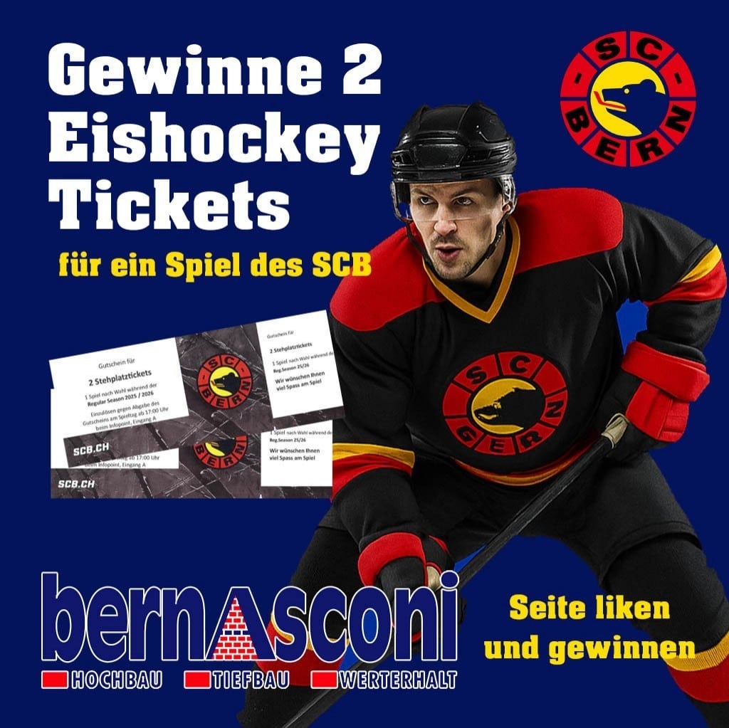 Gewinne zwei Eishockey-Tickets für SC Bern Spiel, gesponsert von Bernasconi. Seite liken und teilnehmen.