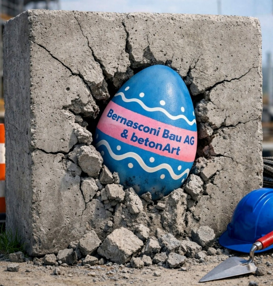 1775136676post_image81 Betonblock mit zerbrochener Oberfläche, zeigt ein bemaltes Ei mit Bernasconi Bau AG & betonArt.
