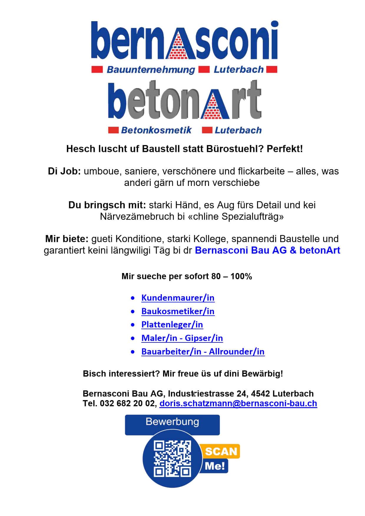 Stellenausschreibung für Bauarbeiter bei Bernasconi Bau AG in Luterbach. Kontakt und Bewerbung per QR-Code.