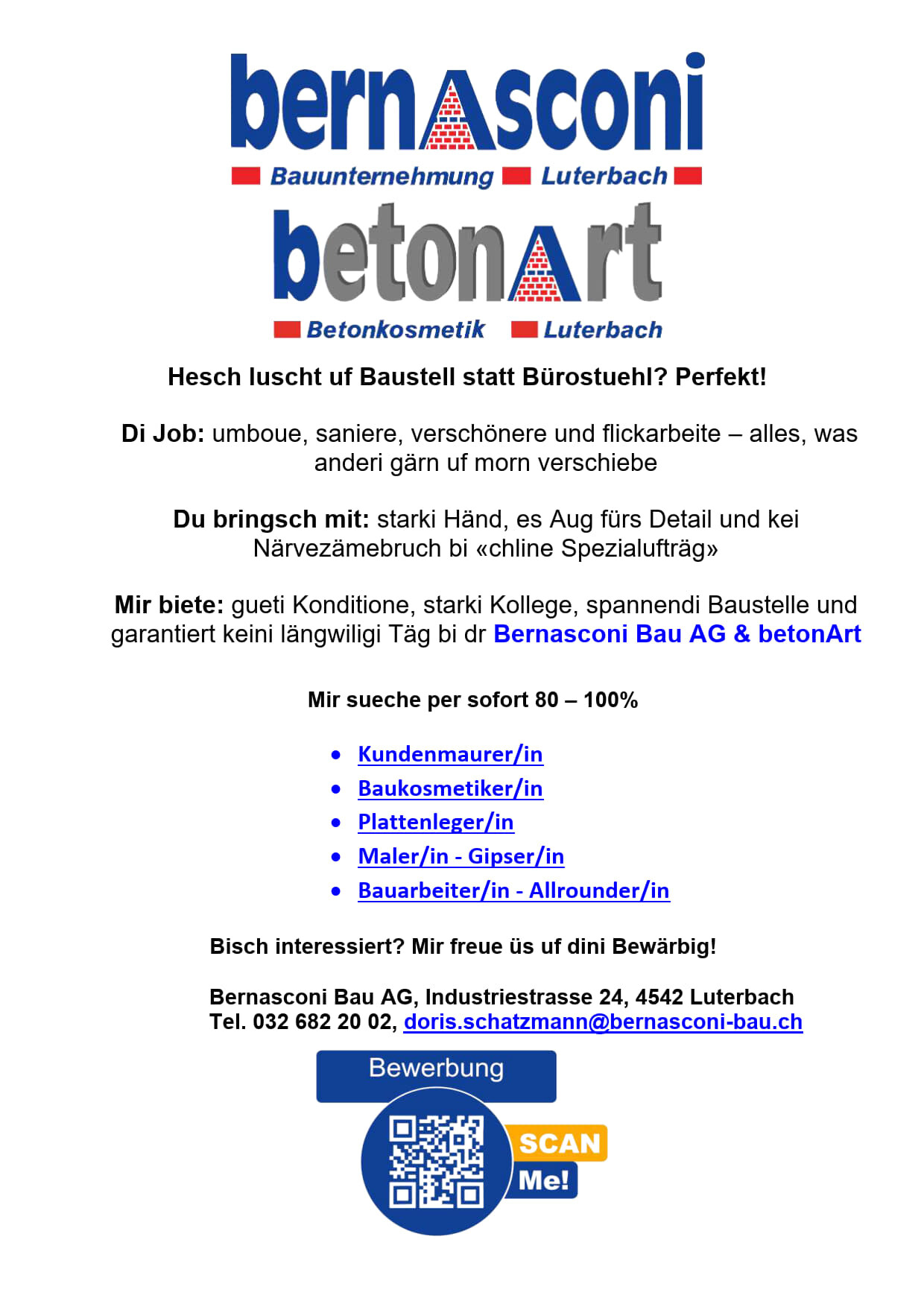 Stellenanzeige der Bernasconi Bau AG für Bauarbeiter/-in Luterbach, Schweiz, mit QR-Code zur Bewerbung.