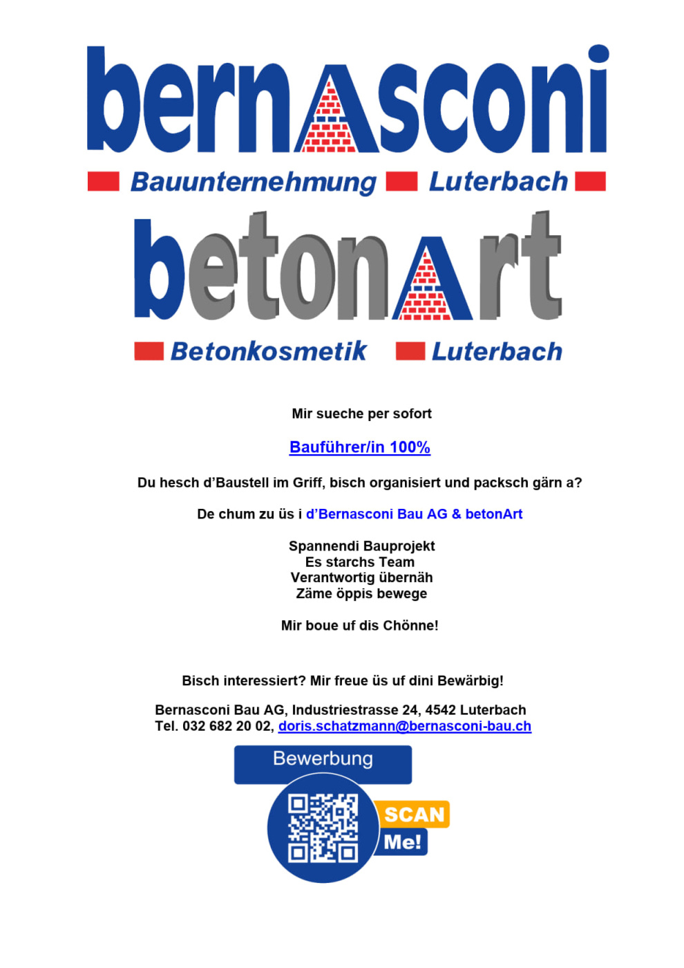 Stellenanzeige für Bauleiter/in bei Bernasconi Bau AG und betonArt mit QR-Code für Bewerbung.
